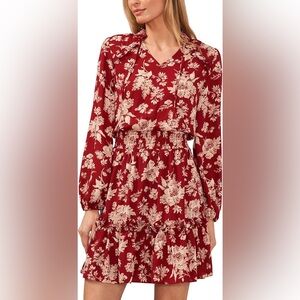 CeCe Mulberry Red Floral Long Sleeve Ruffled Mini Dress